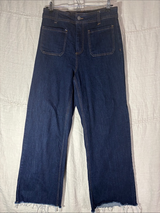 Oat New York Denim - OAT New York High Rise Wide Leg Crop Jeans Patch Pocket Raw Hem Dark Wash 8/29